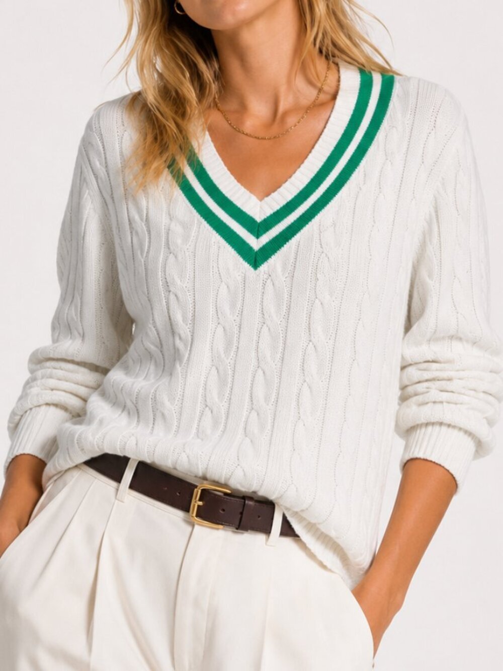 LANDS END Preppy White Cotton Cable Knit V Neck Sweater XL